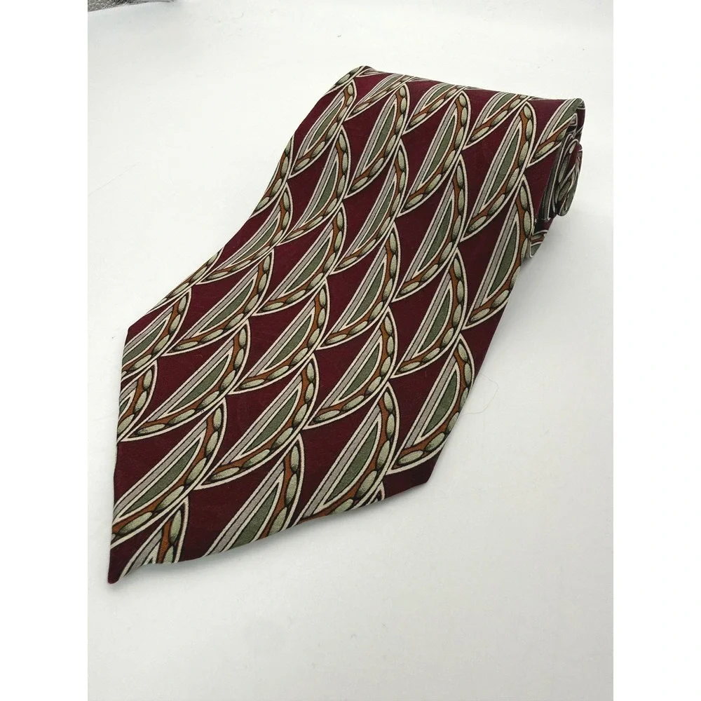 Monsieur Givenchy Necktie Mens OS Burgundy Geometric Leaf Silk Classic Designer
